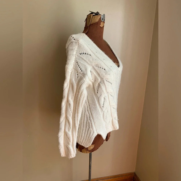 Anthropologie Ramona Chunky Cable Knit V-Neck Sweater  Ivory Alpaca xs - Picture 7 of 11